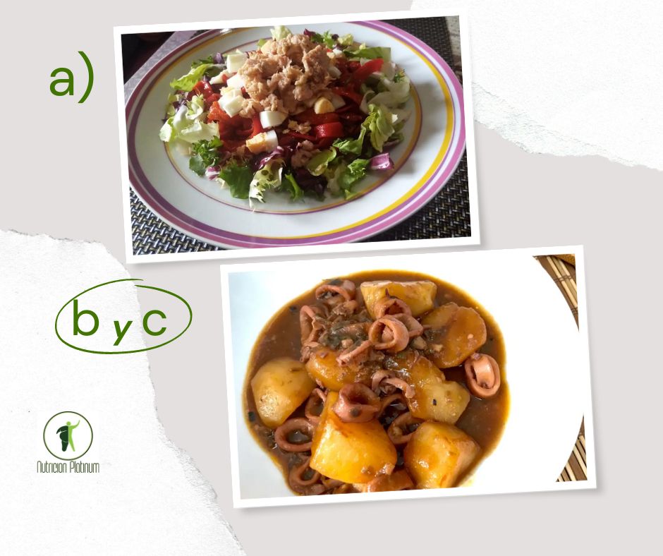 Ensalada de pimientos asados atún y huevo con patatas guisadas con calamares